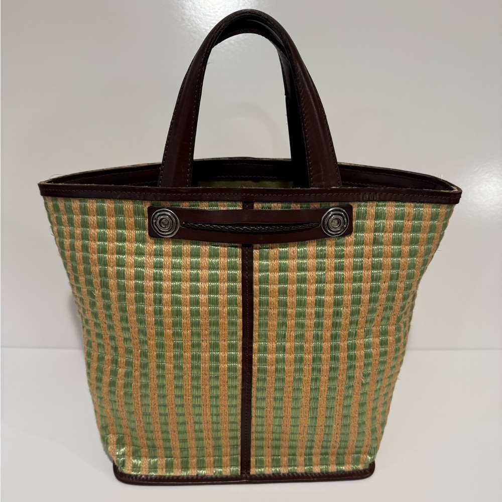 Facondini Vintage Striped Green and Brown Straw and Leather Tote